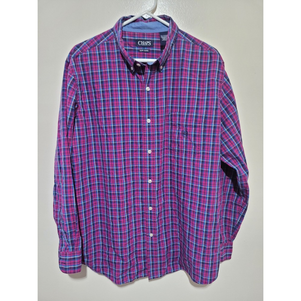 Chaps Button Down Shirt Mens XL Purple Plaid Easy Care Long Sleeve